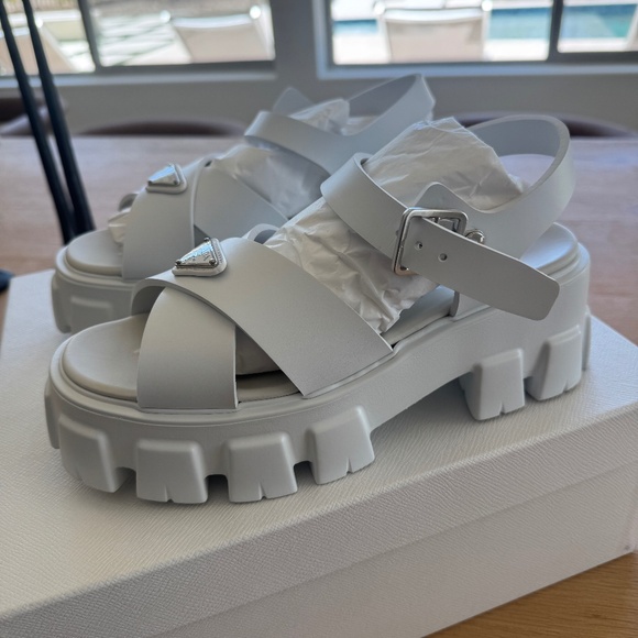 PRADA Monolith White Leather Rubber Platform Sandals SZ38(8US) - Picture 1 of 15